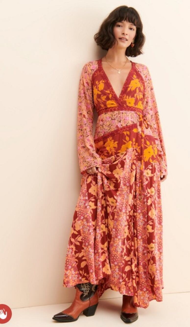 Free People Tilda Floral Wrap Dress, Size Large Boho, Romantic, Vintage Vibes